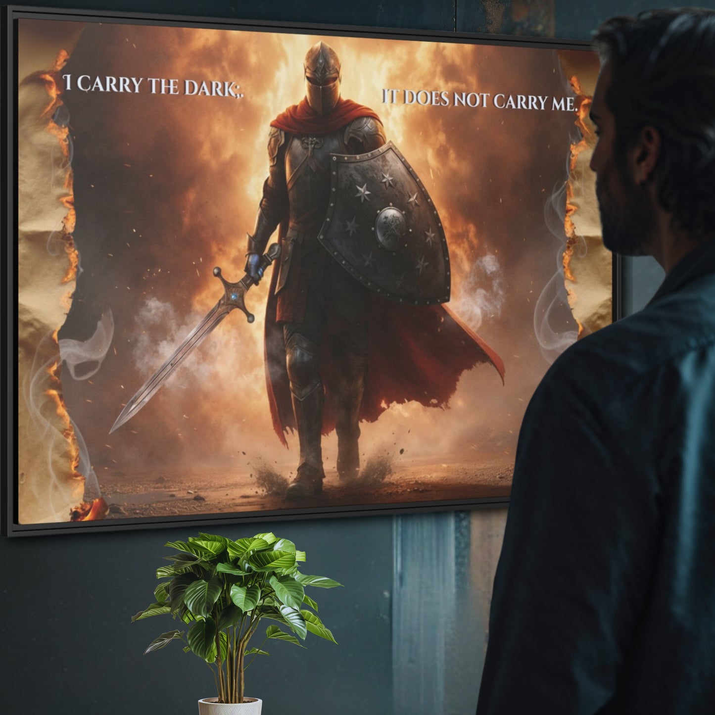Man standing in front of the ‘I carry the dark; it does not carry me’ knight canvas, studying the fiery scene on a textured wall.