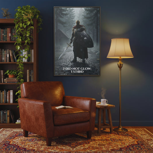 Framed ‘I did not glow; I stood’ knight canvas from Chapter 1 styled above a leather armchair in a cosy reading nook.