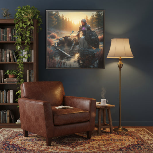 Espresso framed Chapter 1 canvas showing Lumera kneeling by the fallen Knight at a forest river, styled above a leather armchair in a cosy reading nook.