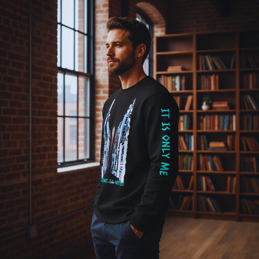 Adrian standing by tall library windows in the Chapter 1 black sweatshirt, showing the Maze of the Mind book-arch design and turquoise “IT IS ONLY ME” sleeve print.