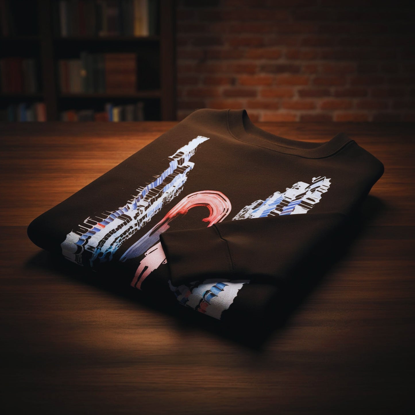 Folded Chapter 1 black sweatshirt on a wooden table, close-up of the Maze of the Mind book-arch artwork and vivid colours of the “I WILL NOT LIE TO MYSELF” print.