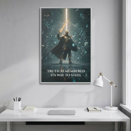 White-framed “Truth Remembered Its Way to Steel” canvas above a minimalist desk—Chapter 1 artefact, motivational fantasy artwork.