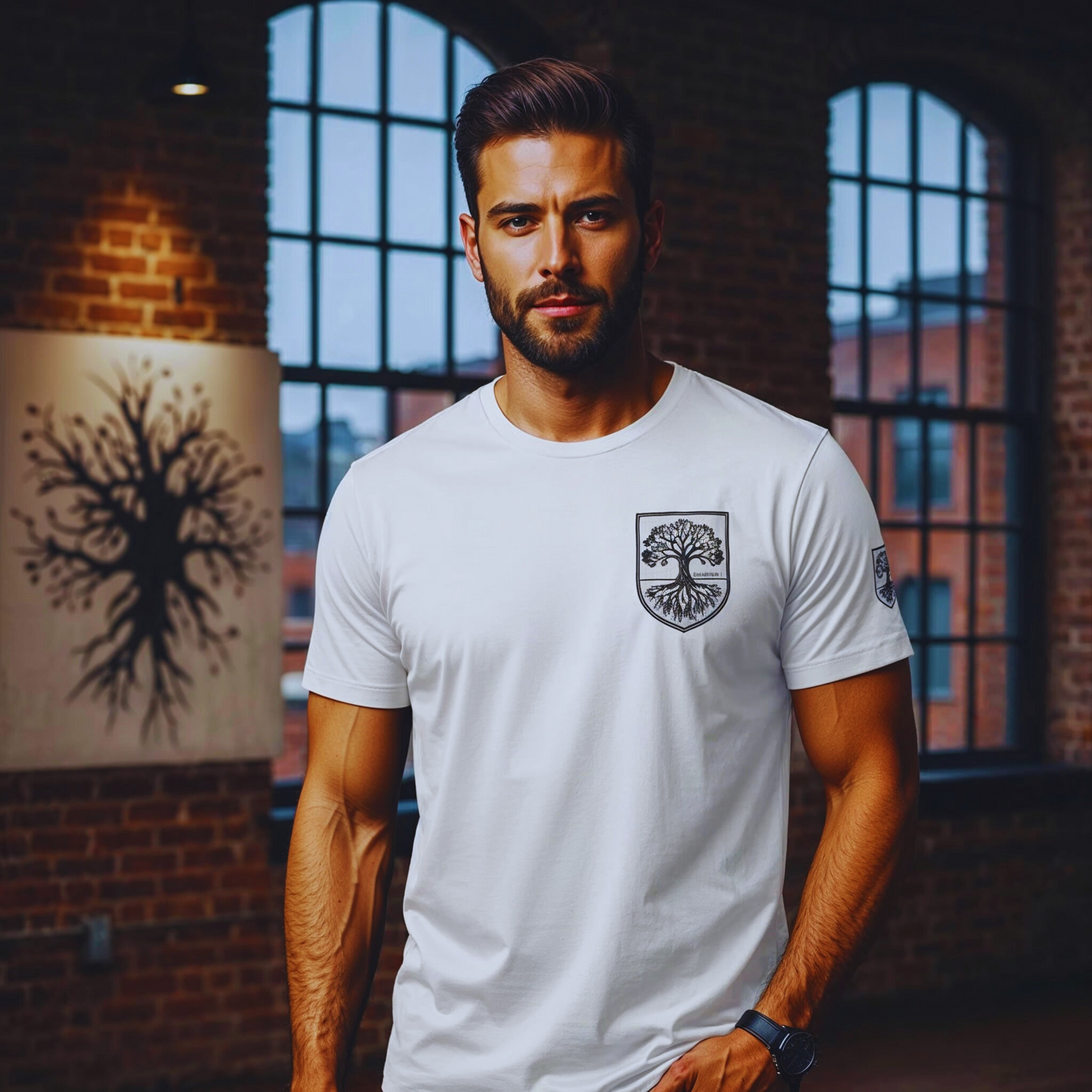 Studio shot of white organic tee (STTU169) showing left-chest crest; clean brick-and-window studio backdrop; crisp black DTFlex print.