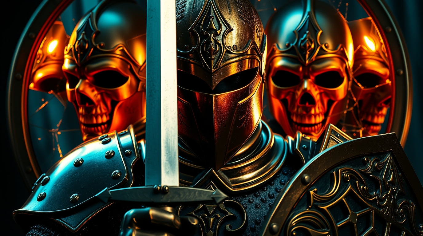 Ornate knight’s helm flanked by mirror-like skull masks in orange/blue light, symbolising facing your own reflection in Chapter 1.