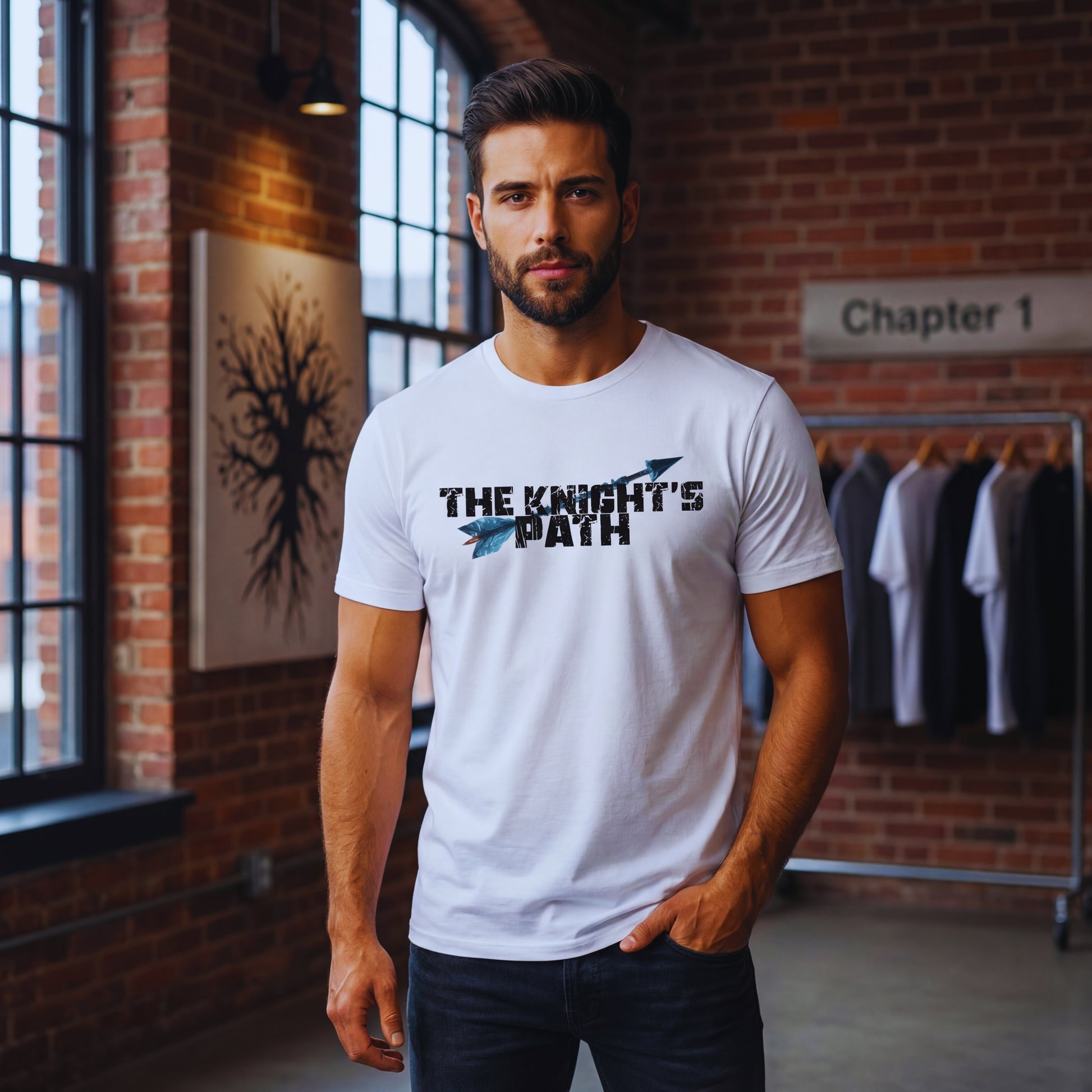 Adrian Holt in the Knight’s Path industrial loft, wearing the white Chapter 1 arrow t-shirt with clothing rack behind him, hero mockup for the core collection.