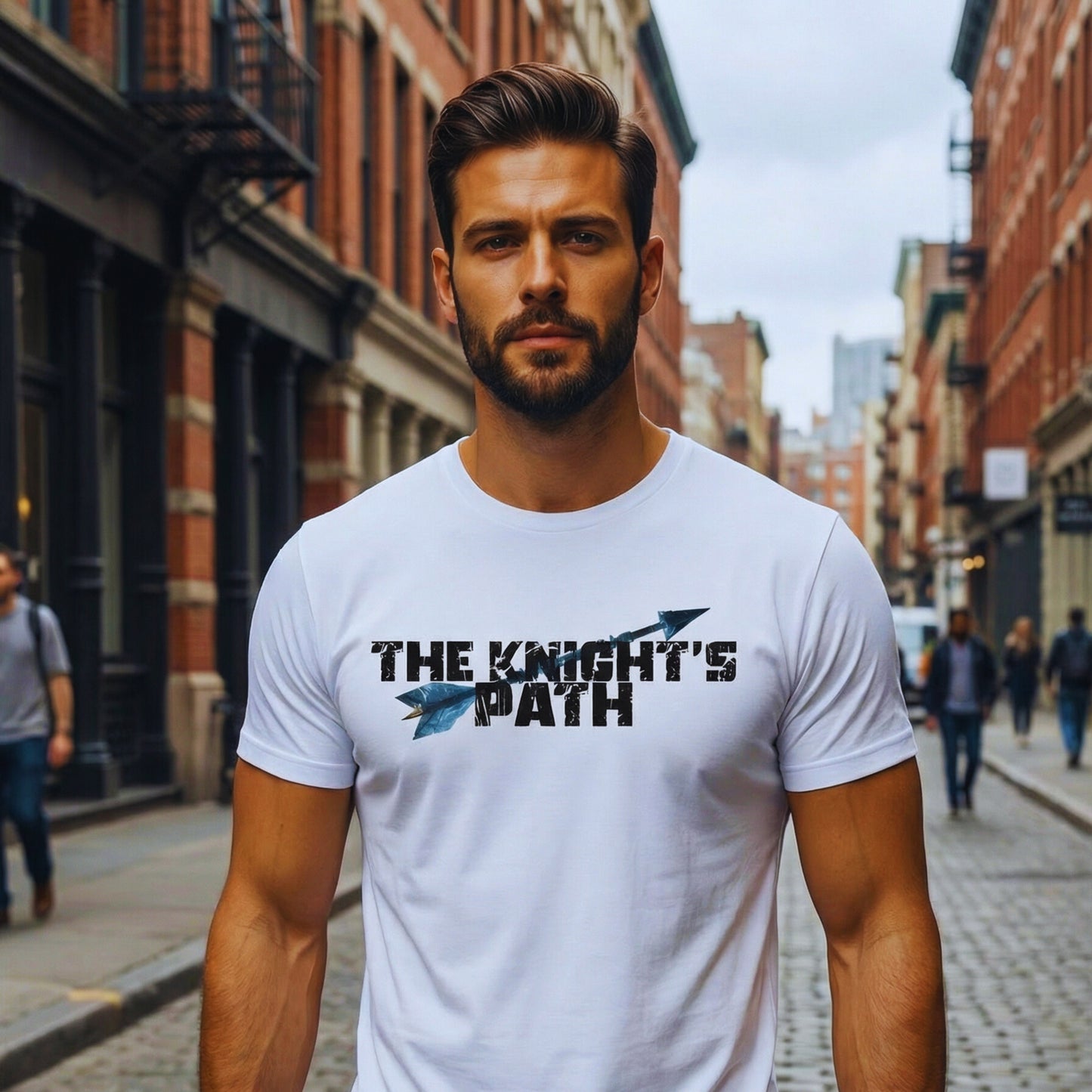 Adrian Holt wearing The Knight’s Path white arrow t-shirt while walking down a city street, lifestyle mockup showing the design in everyday urban wear.