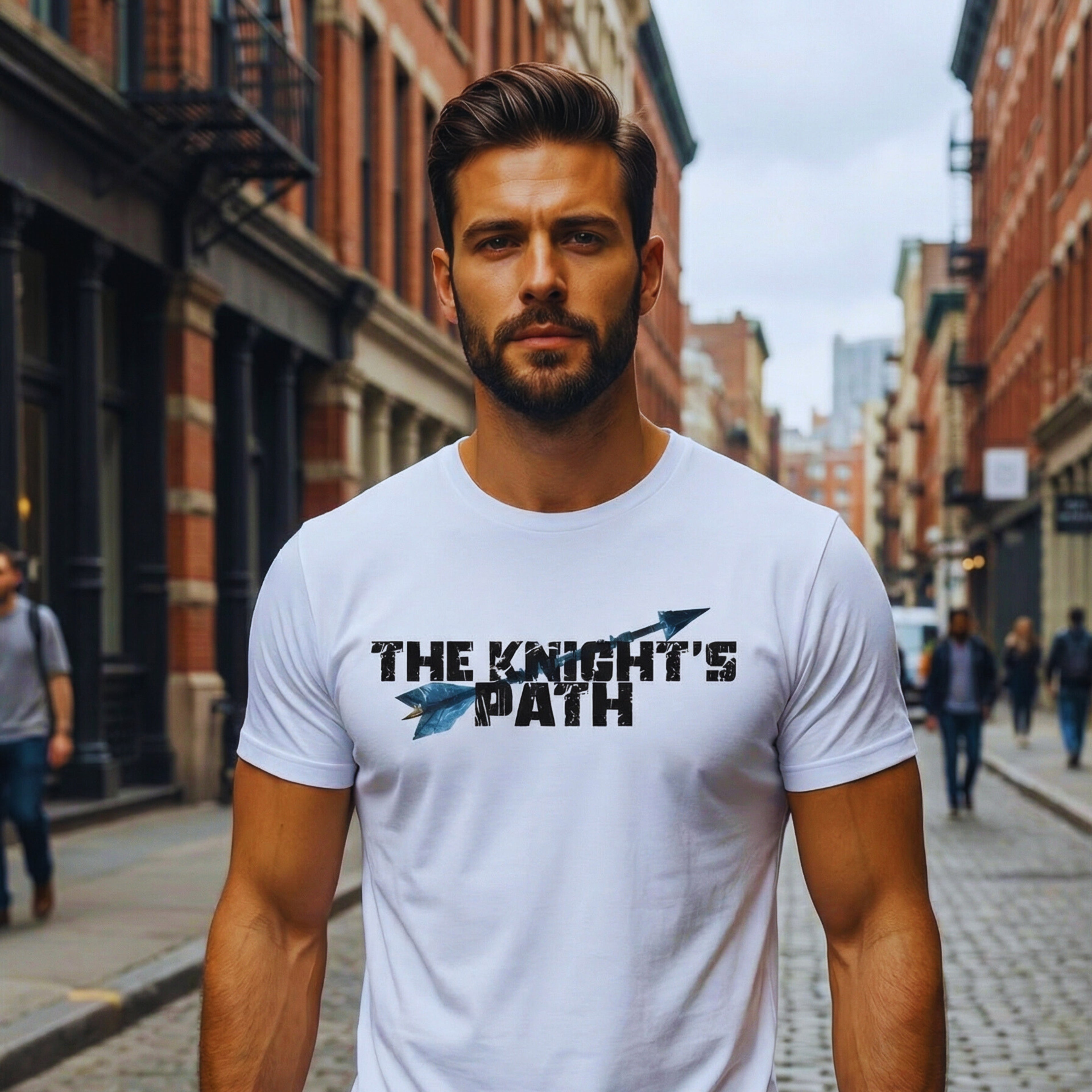 Adrian Holt wearing The Knight’s Path white arrow t-shirt while walking down a city street, lifestyle mockup showing the design in everyday urban wear.