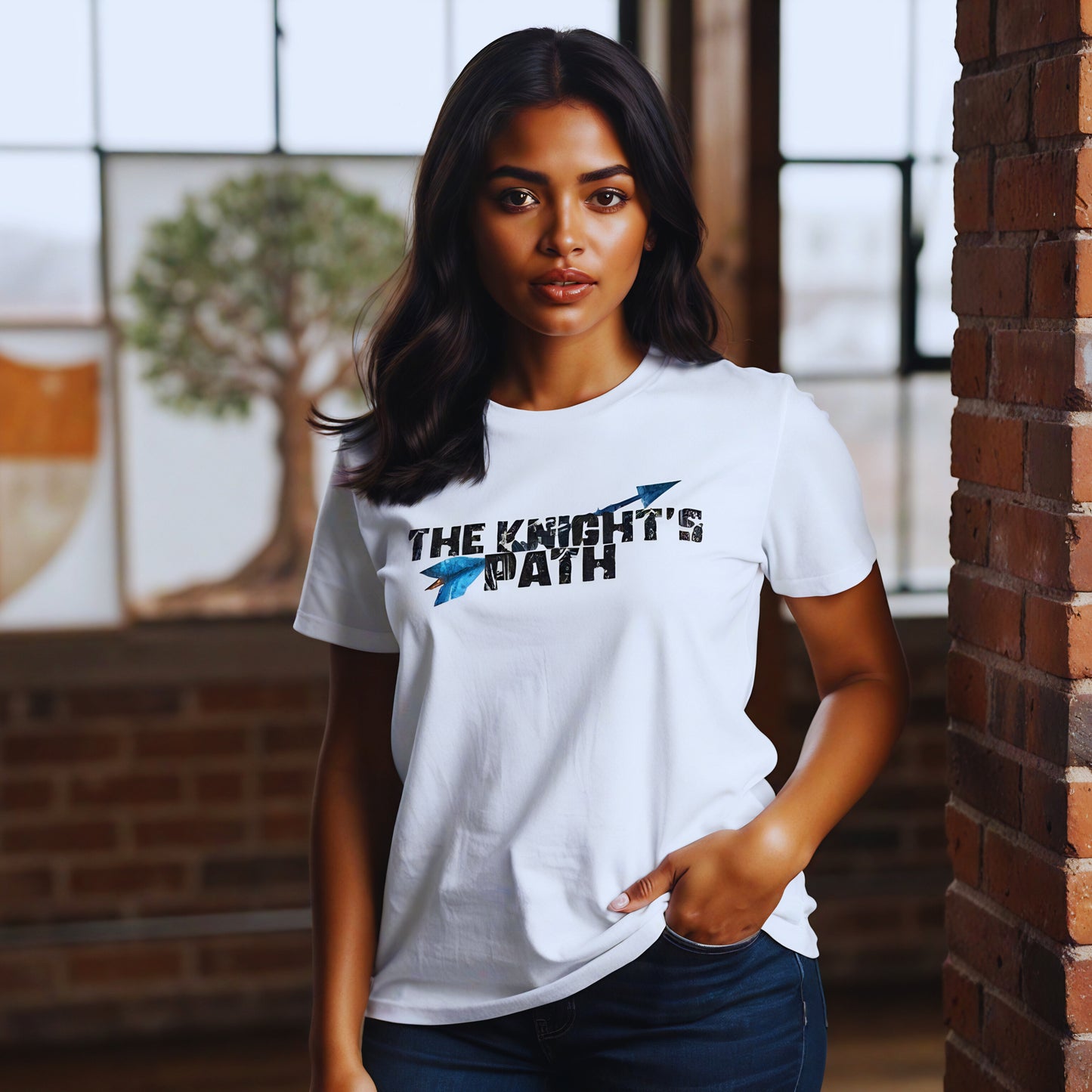 Amara Solis wearing The Knight’s Path Chapter 1 white t-shirt in the industrial loft, standing relaxed with one hand in her pocket, showcasing the arrow logo as a daily reminder to face the first enemy.