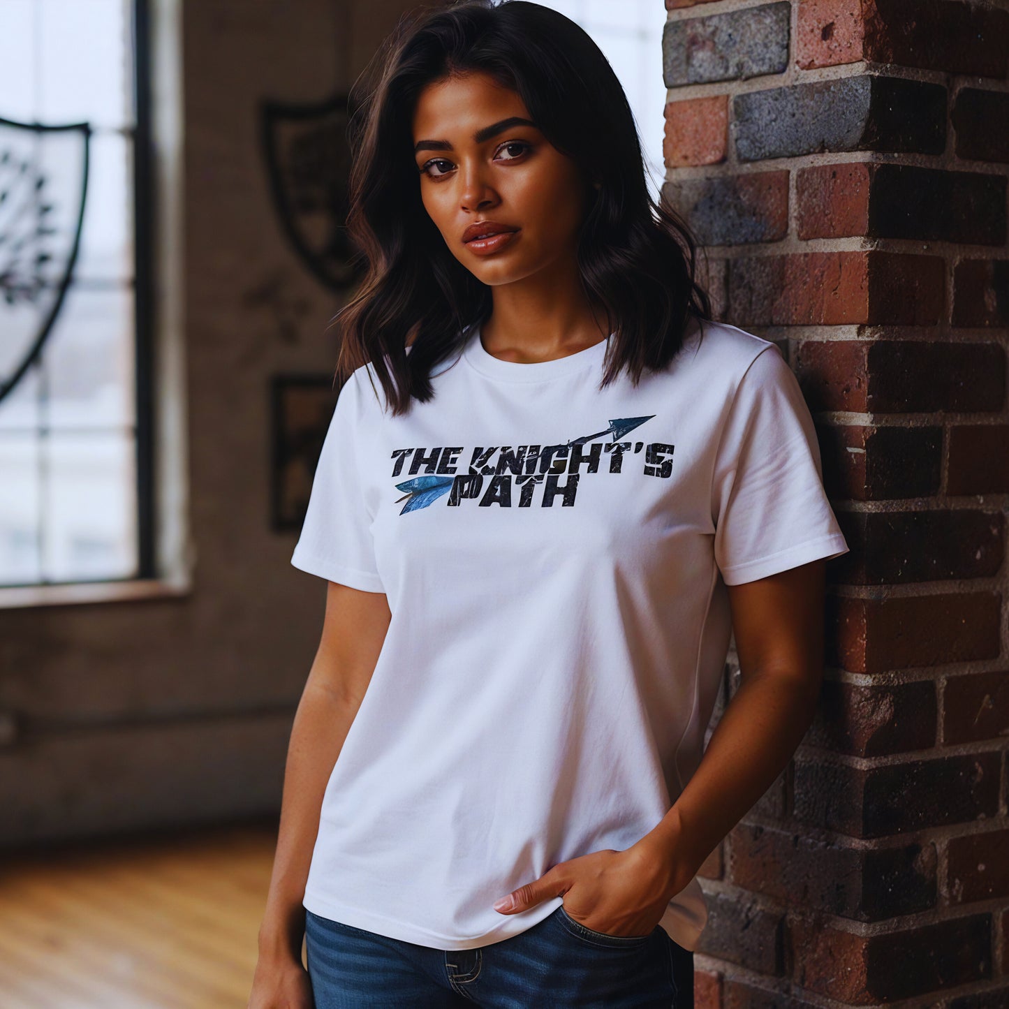 Amara Solis leaning against a brick column in the Knight’s Path studio, modelling the white The Knight’s Path arrow t-shirt, blending streetwear style with the Chapter 1 mindset.