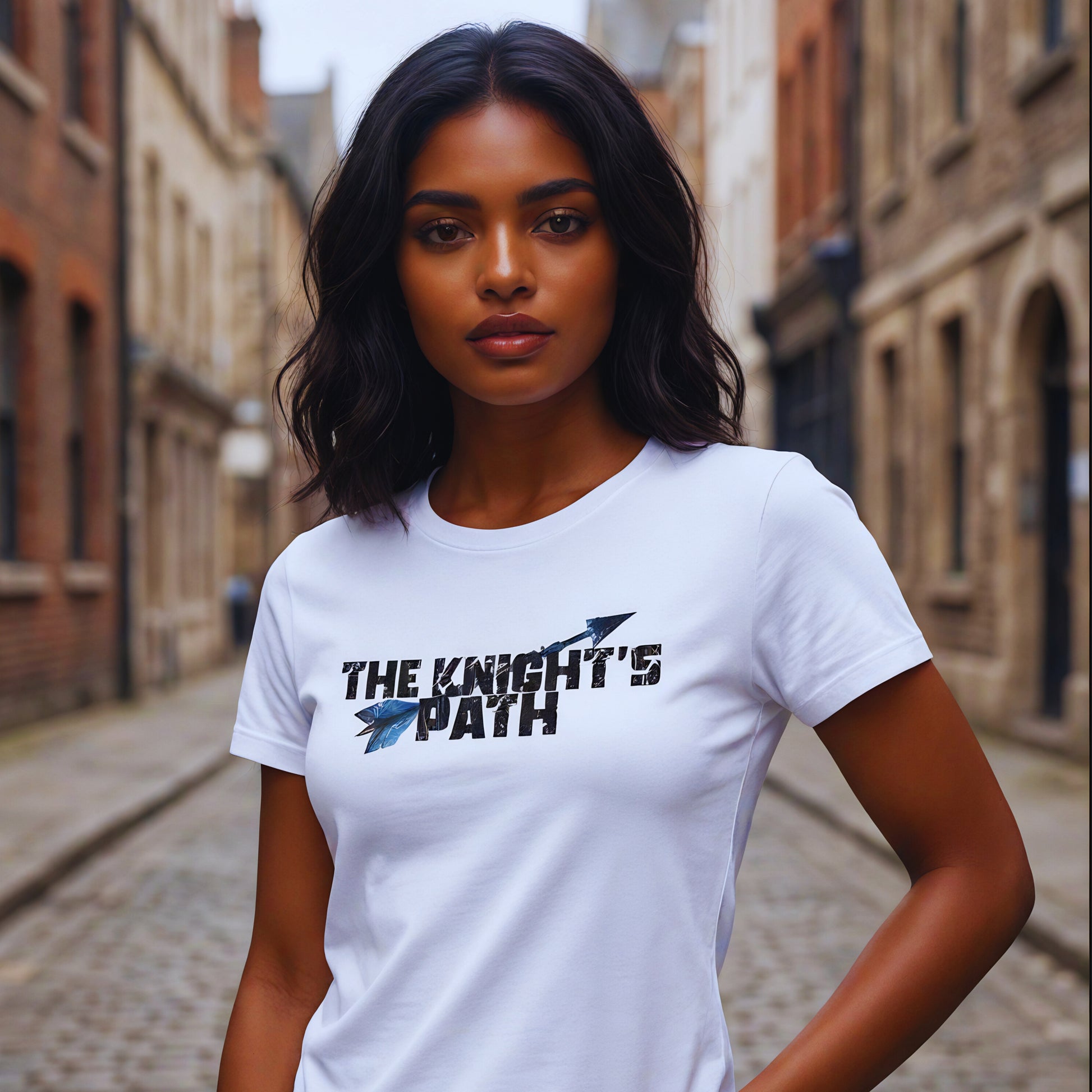 Amara Solis wearing The Knight’s Path Chapter 1 white t-shirt while walking down a cobblestone street, lifestyle mockup showing the design in a real city setting.