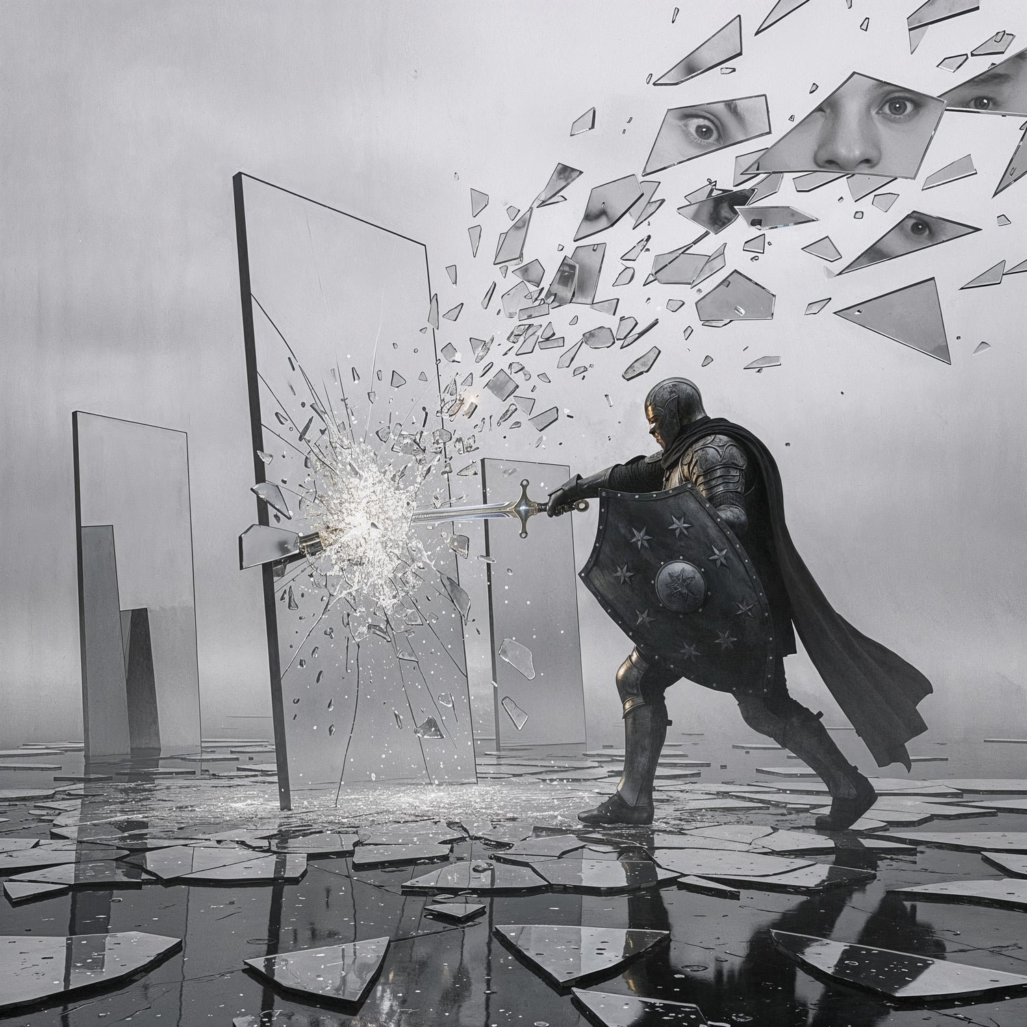 Armoured knight breaks a standing mirror with his sword; shards fly as faces reflect in the broken glass on a mirrored floor.