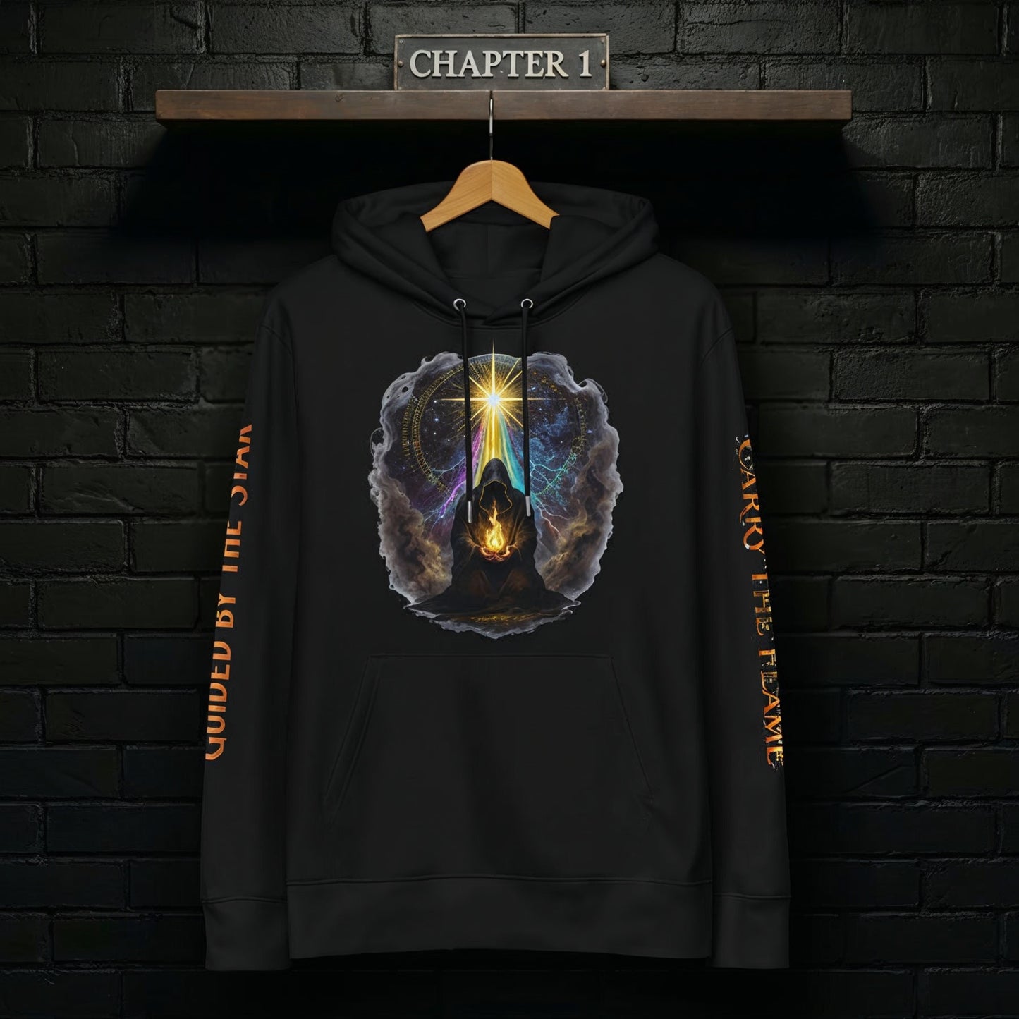 Black “Carry the Flame” hoodie hanging on a wooden hanger against a matte black brick wall under a “Chapter 1” shelf sign, front graphic of the cloaked figure holding a living flame beneath the star fully visible, sleeves hanging straight with the quote text running cleanly down each arm.