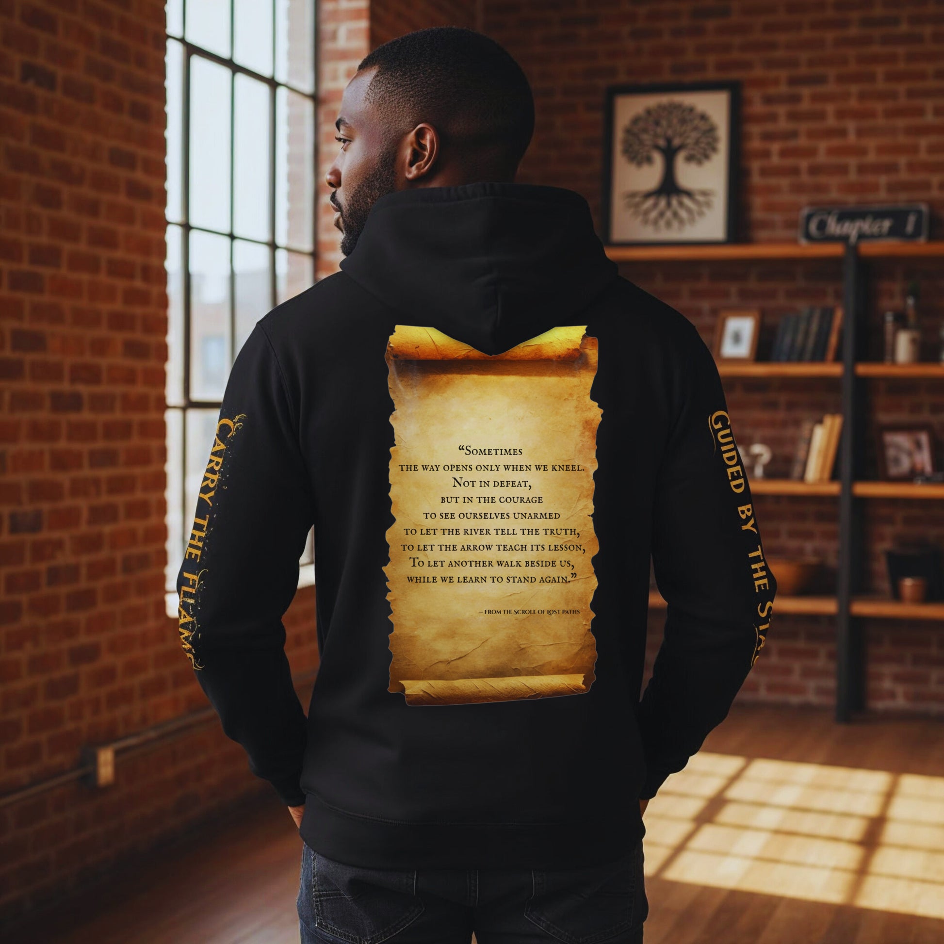 Back view of Malik Stone in the black “Carry the Flame” hoodie inside the Chapter 1 reading room, clearly showing the large parchment scroll quote on the back while the golden sleeve prints “Carry the Flame” (left arm) and “Guided by the Star” (right arm) frame the message.