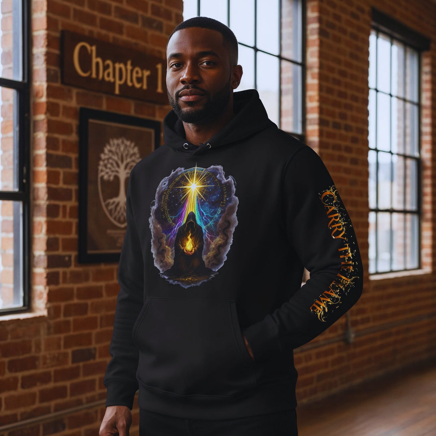 Malik Stone standing in the warm brick Chapter 1 studio, wearing the black “Carry the Flame” hoodie, chest design glowing, right sleeve text reading “Carry the Flame” and left sleeve “Guided by the Star,” with the Chapter 1 tree crest artwork framed on the wall behind him.