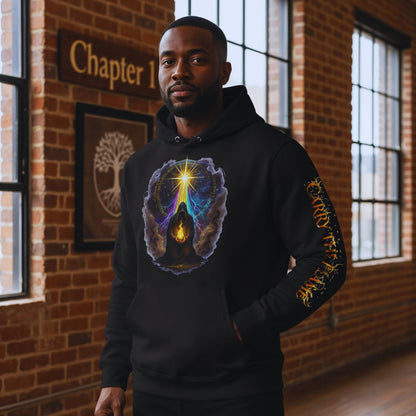 Malik Stone standing in the warm brick Chapter 1 studio, wearing the black “Carry the Flame” hoodie, chest design glowing, right sleeve text reading “Carry the Flame” and left sleeve “Guided by the Star,” with the Chapter 1 tree crest artwork framed on the wall behind him.