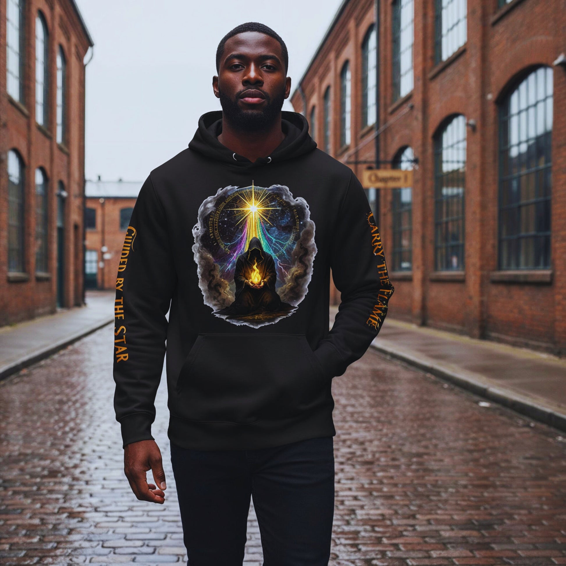 Black male model Malik Stone in his early thirties walking down a wet cobblestone alley between Chapter 1 brick buildings, wearing the black “Carry the Flame” hoodie with the glowing cloaked figure and guiding star on the chest, “Guided by the Star” printed down his left sleeve and “Carry the Flame” on his right.