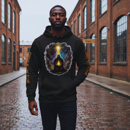 Black male model Malik Stone in his early thirties walking down a wet cobblestone alley between Chapter 1 brick buildings, wearing the black “Carry the Flame” hoodie with the glowing cloaked figure and guiding star on the chest, “Guided by the Star” printed down his left sleeve and “Carry the Flame” on his right.