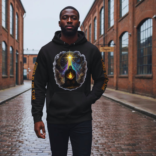 Black male model Malik Stone in his early thirties walking down a wet cobblestone alley between Chapter 1 brick buildings, wearing the black “Carry the Flame” hoodie with the glowing cloaked figure and guiding star on the chest, “Guided by the Star” printed down his left sleeve and “Carry the Flame” on his right.