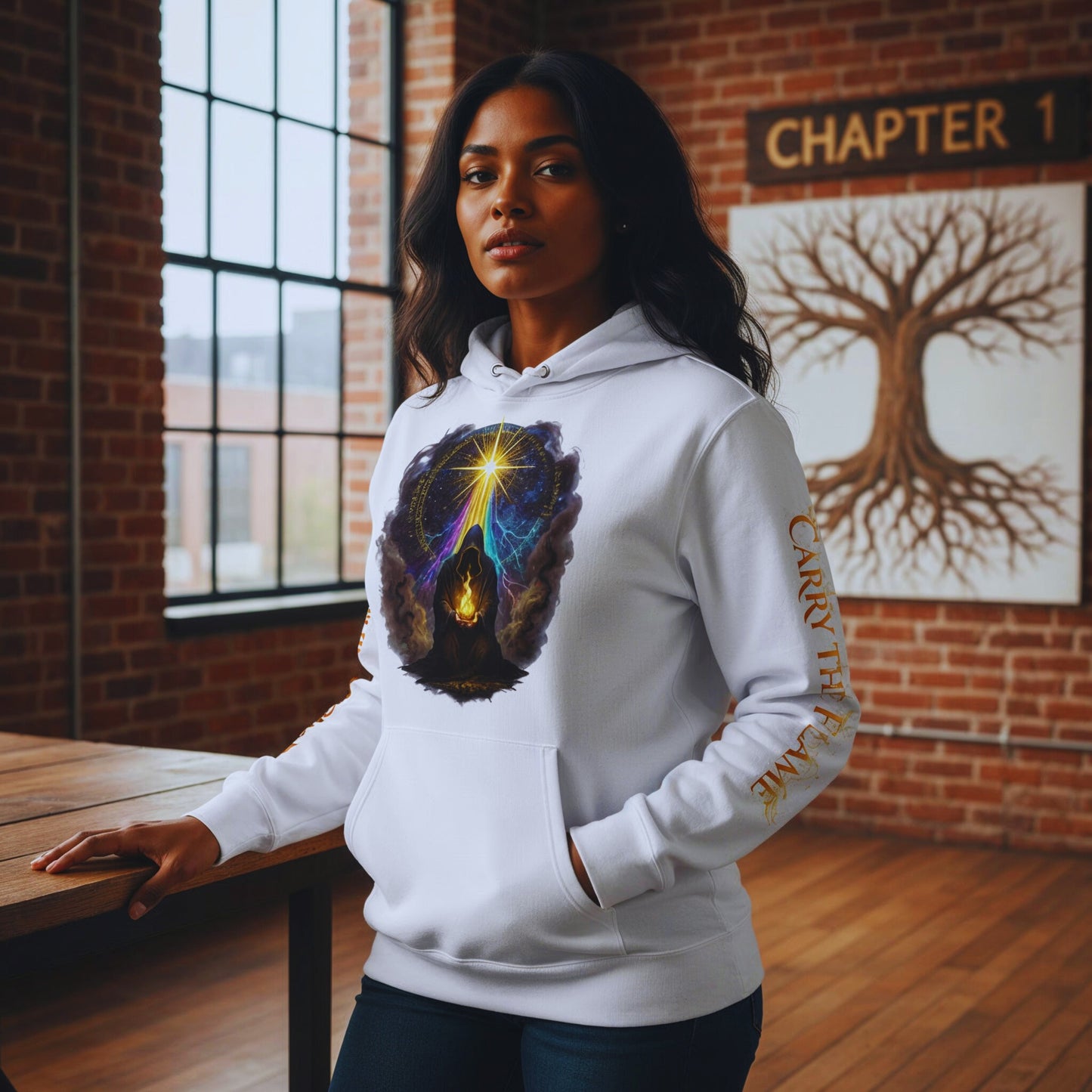 Amara Solis leaning against a wooden table in the Chapter 1 loft studio with big industrial windows, wearing the white “Carry the Flame” hoodie, mystical robed figure and star on the chest, “Carry the Flame” down her right sleeve and “Guided by the Star” on her left, tree sigil art glowing softly in the background.