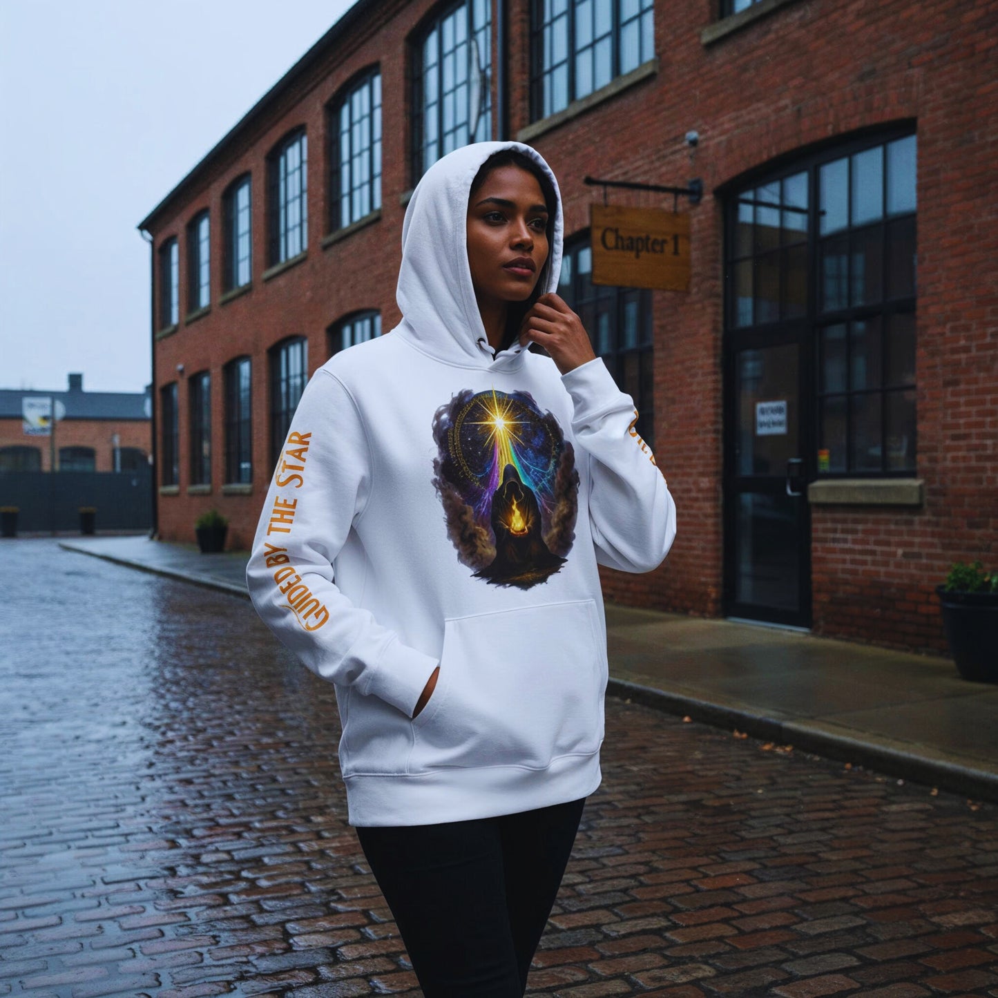 Amara Solis, South-African woman in her early thirties, walking the same Chapter 1 cobblestone street in a white “Carry the Flame” hoodie, front artwork of the cloaked figure under the radiant star, with the “Guided by the Star” quote running down her left sleeve and “Carry the Flame” on her right.