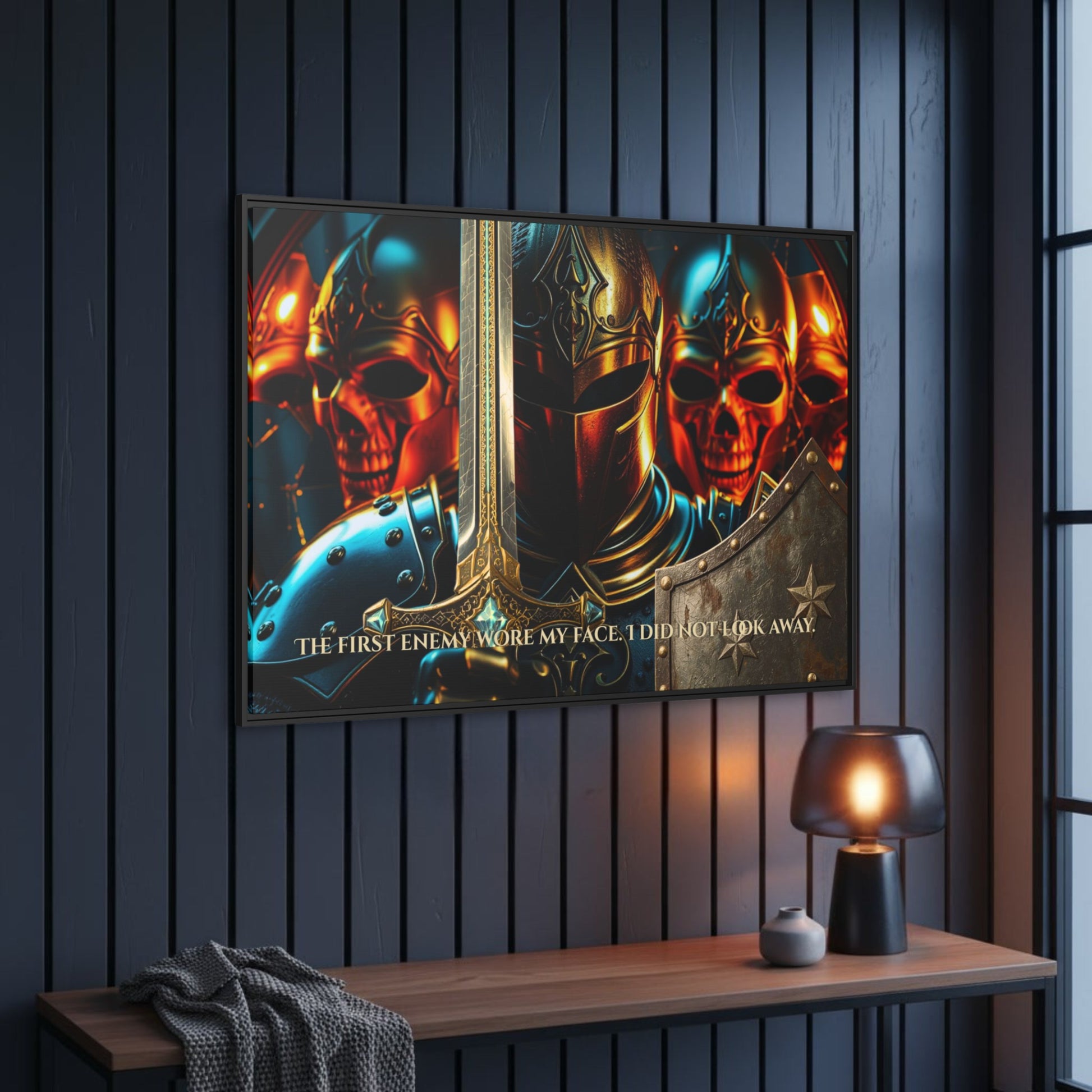 Angled view of black framed ‘The first enemy wore my face’ knight and skulls canvas on a dark panelled hallway wall above a console with lamp.