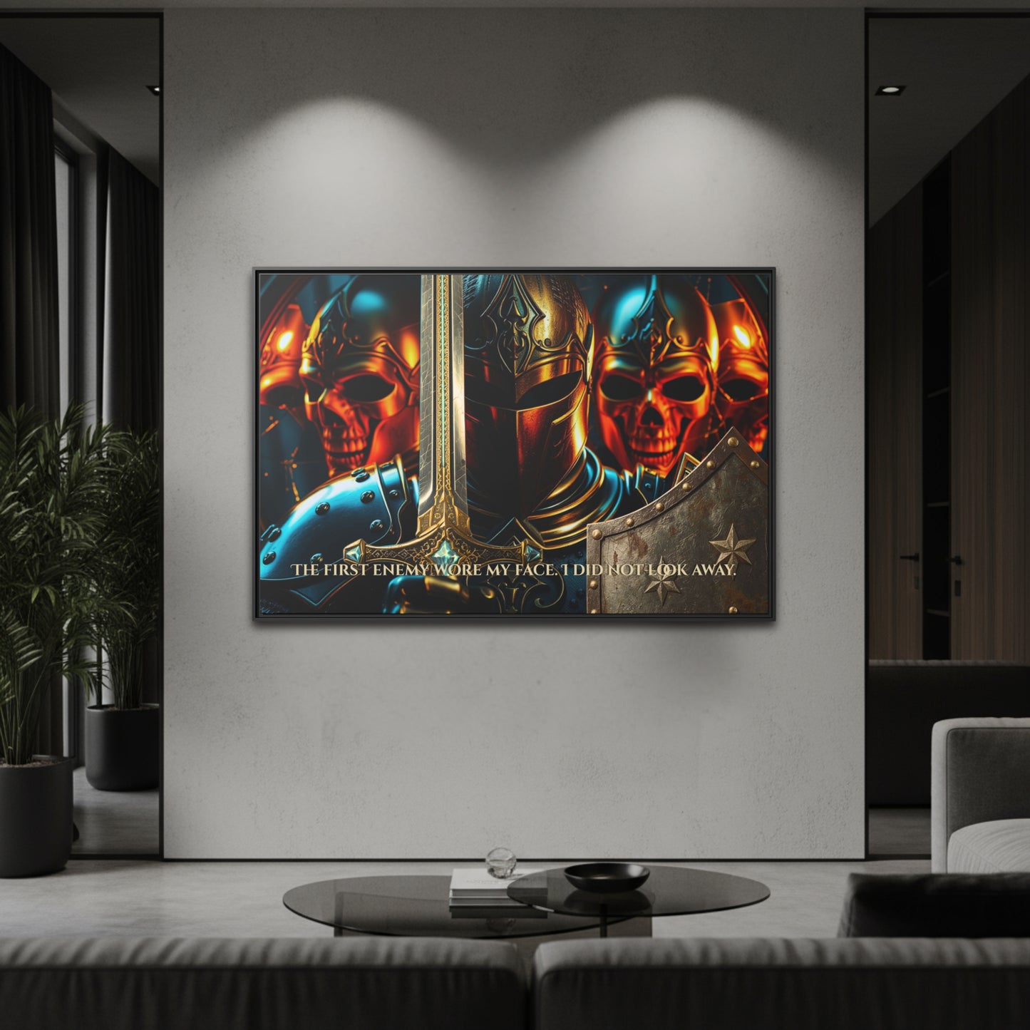 Black framed horizontal canvas of a knight and burning skulls with the quote ‘The first enemy wore my face. I did not look away.’ hanging in a modern living room.