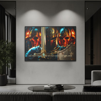 Black framed horizontal canvas of a knight and burning skulls with the quote ‘The first enemy wore my face. I did not look away.’ hanging in a modern living room.