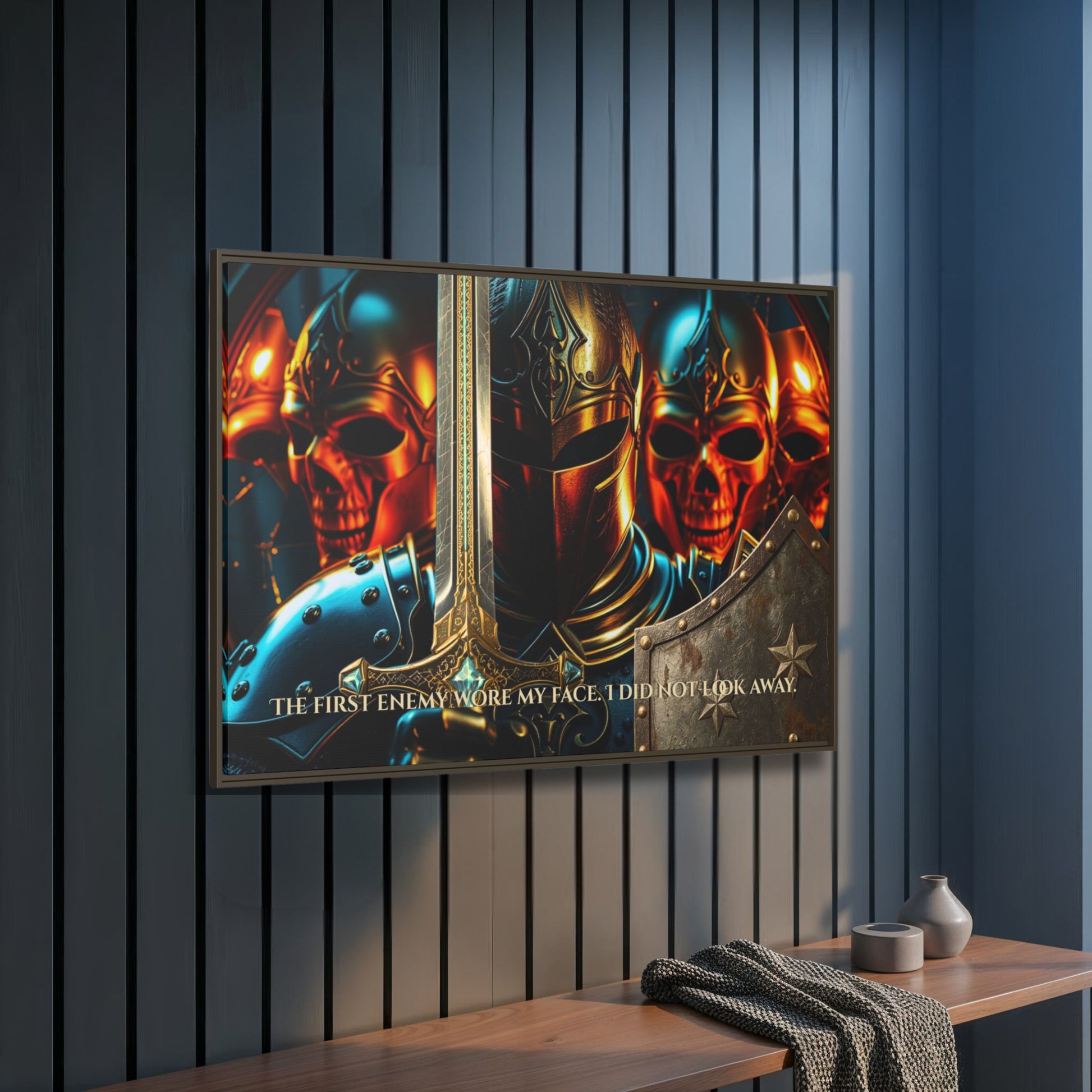 Side angle of espresso framed Chapter 1 knight and skulls canvas, quote visible along the bottom, mounted on a panelled wall above a table bench.