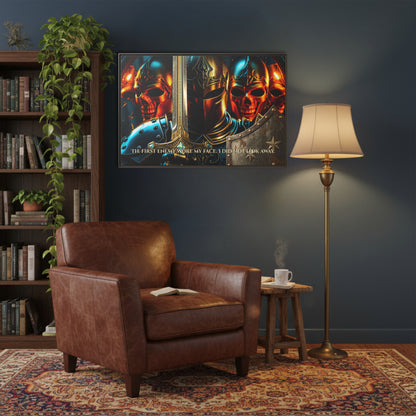 Espresso framed Chapter 1 knight and skulls canvas with the quote ‘The first enemy wore my face. I did not look away.’ styled above a leather armchair in a cosy reading nook.