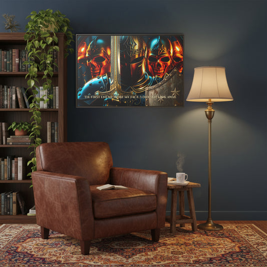 Espresso framed Chapter 1 knight and skulls canvas with the quote ‘The first enemy wore my face. I did not look away.’ styled above a leather armchair in a cosy reading nook.