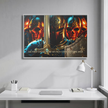 White framed knight and burning skulls canvas from Chapter 1 with the quote ‘The first enemy wore my face. I did not look away.’ hanging straight-on above a minimalist white desk.