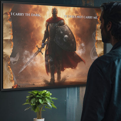 Man standing in front of the ‘I carry the dark; it does not carry me’ knight canvas, studying the fiery scene on a textured wall.