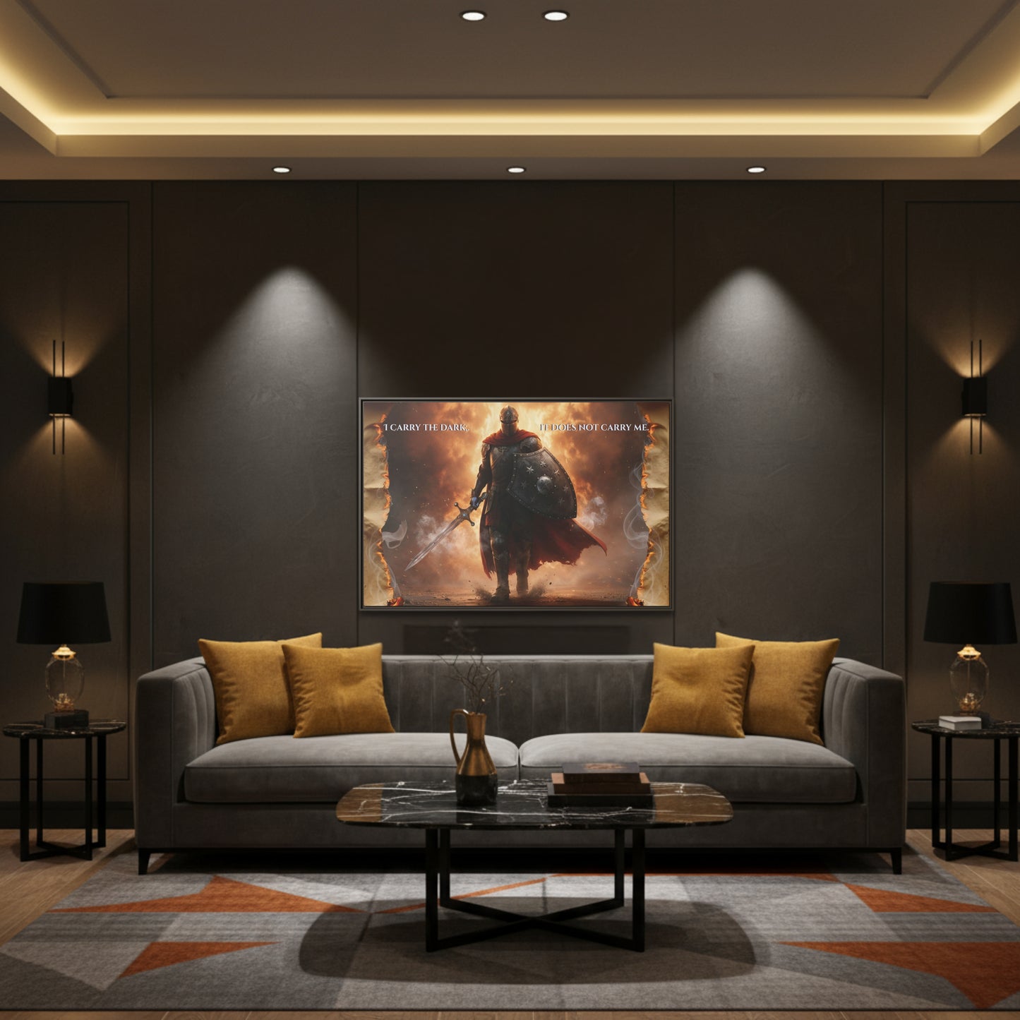 Wide view of the Chapter 1 knight-in-fire framed canvas mounted on a dark living room wall with plants and a low coffee table.