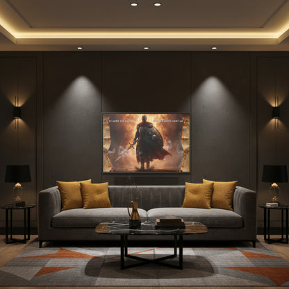 Wide view of the Chapter 1 knight-in-fire framed canvas mounted on a dark living room wall with plants and a low coffee table.