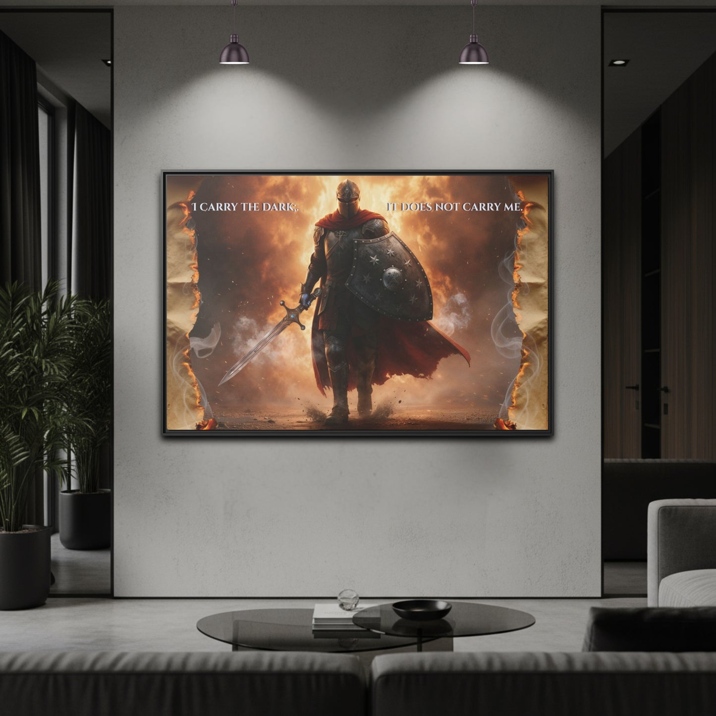 Framed ‘I carry the dark; it does not carry me’ knight canvas from Chapter 1 hanging above a grey sofa with mustard cushions in a cinematic modern living room.
