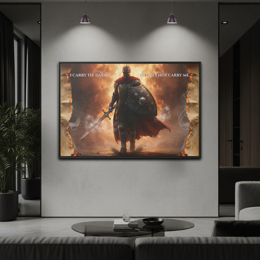 Framed ‘I carry the dark; it does not carry me’ knight canvas from Chapter 1 hanging above a grey sofa with mustard cushions in a cinematic modern living room.