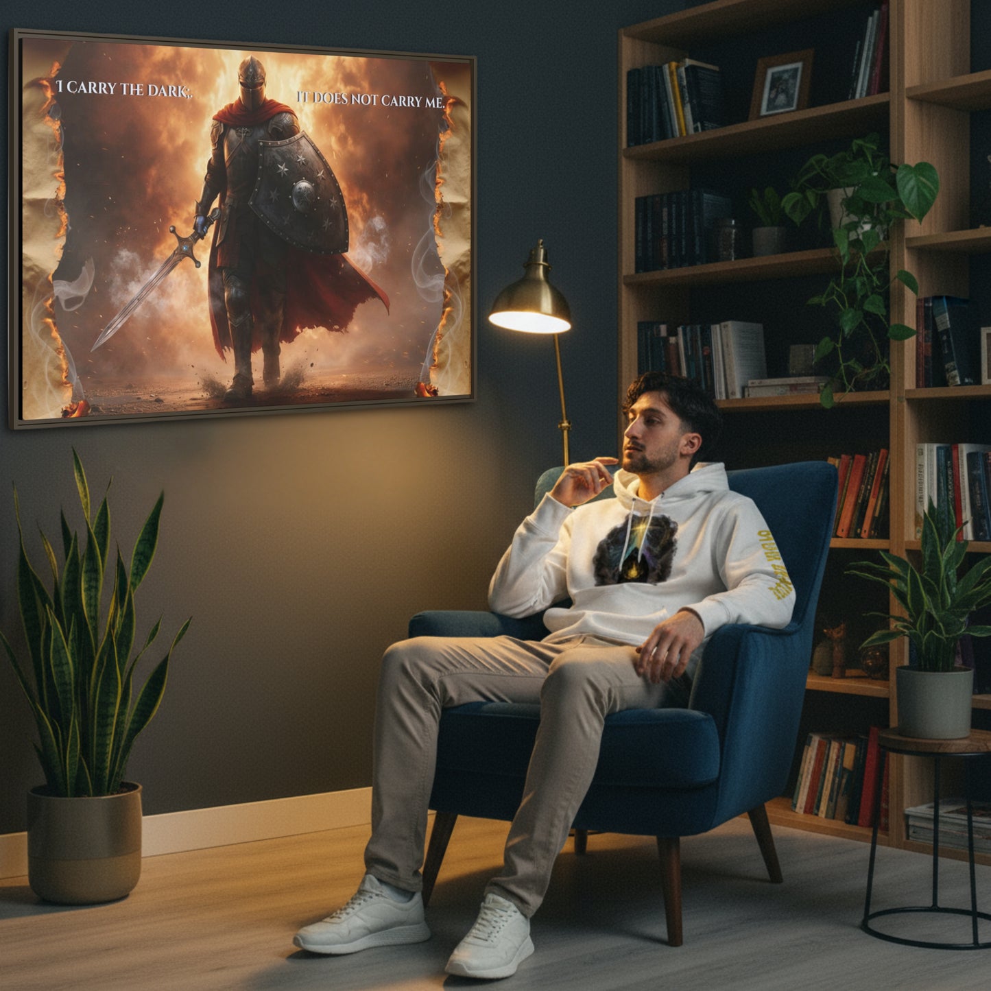 'I carry the dark; it does not carry me’ knight canvas styled above a man sitting in a blue armchair in a cosy reading nook with bookshelf.