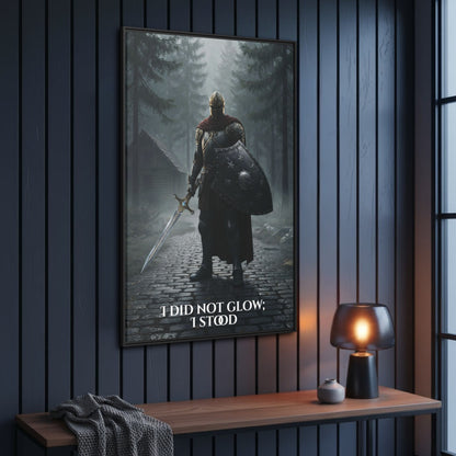 Angled view of the ‘I did not glow; I stood’ knight canvas mounted on a dark panelled hallway wall above a console with lamp.