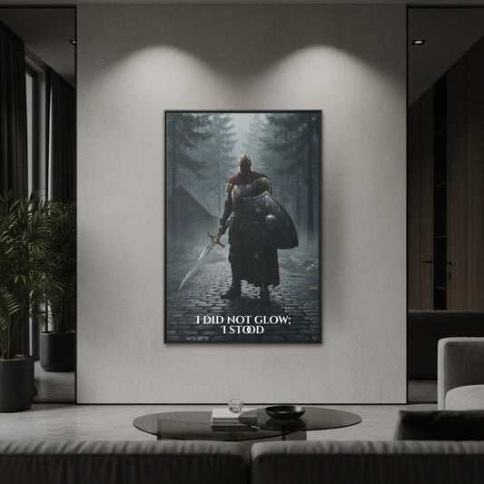 Vertical framed canvas of a lone knight with shield and sword on cobblestones in a misty forest, with the quote ‘I did not glow; I stood’ hanging in a modern living room.