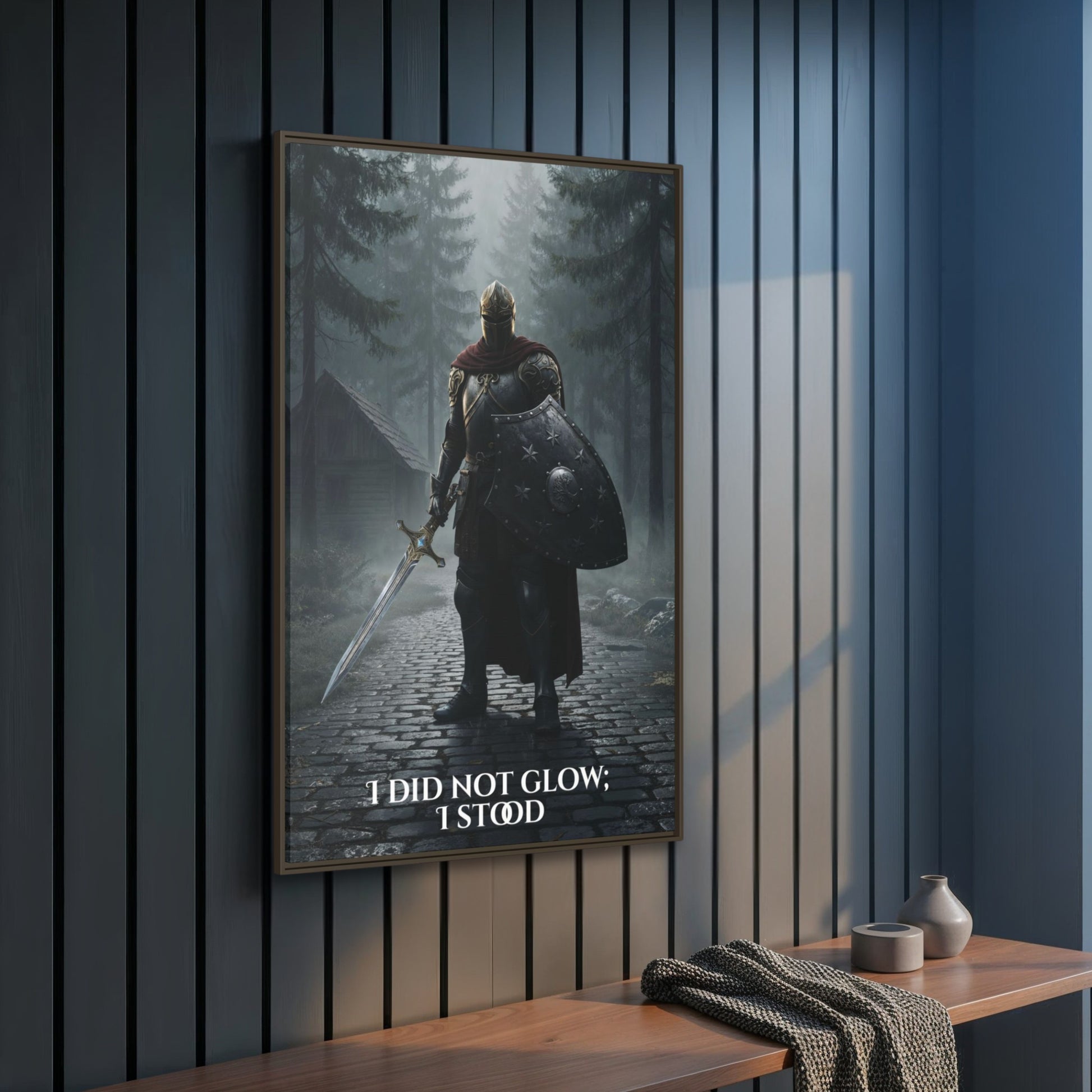 Side angle of framed Chapter 1 knight canvas on a panelled wall above a wooden bench with folded throw.