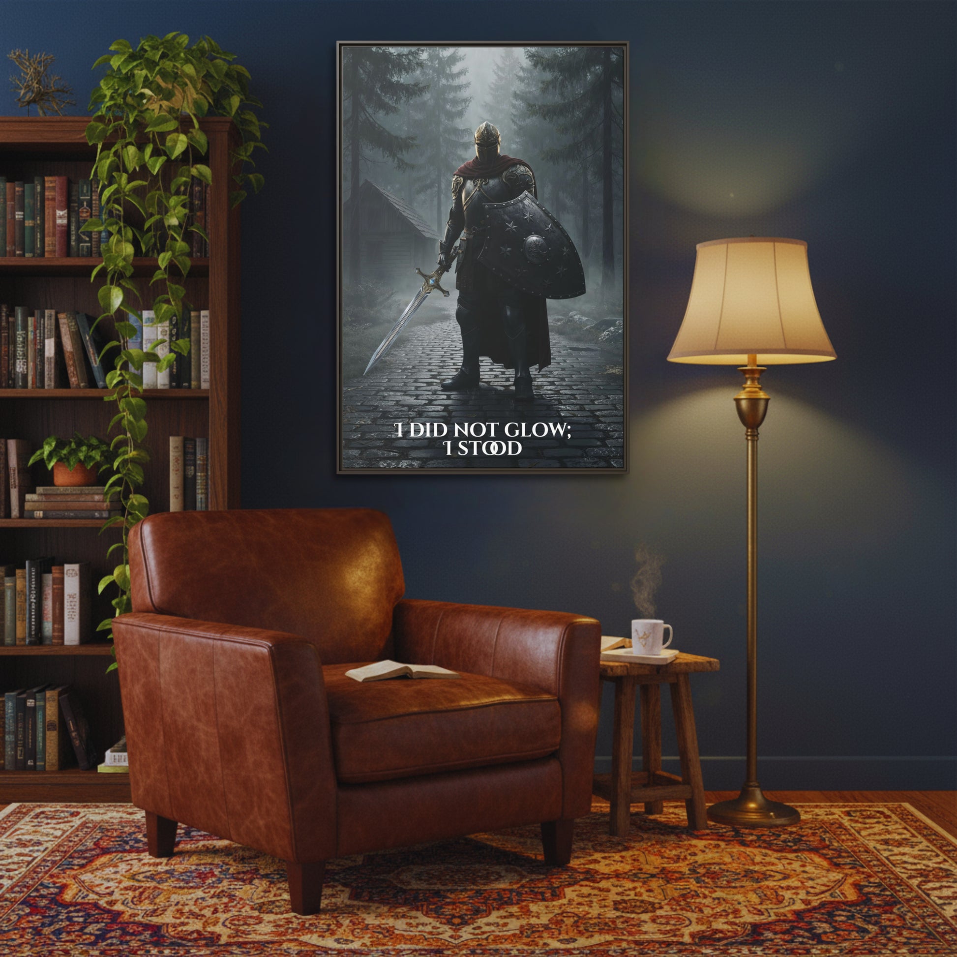Framed ‘I did not glow; I stood’ knight canvas from Chapter 1 styled above a leather armchair in a cosy reading nook.