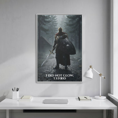 Vertical knight-in-forest canvas with the quote ‘I did not glow; I stood’ hanging straight-on above a minimalist white desk.