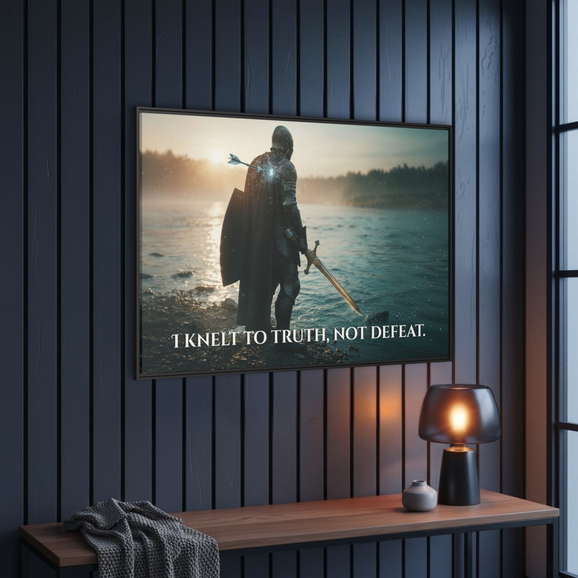 Angled view of black framed Chapter 1 canvas showing a knight standing at the river after kneeling to truth, quote visible along the shore line.