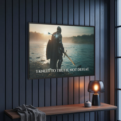 Angled view of black framed Chapter 1 canvas showing a knight standing at the river after kneeling to truth, quote visible along the shore line.