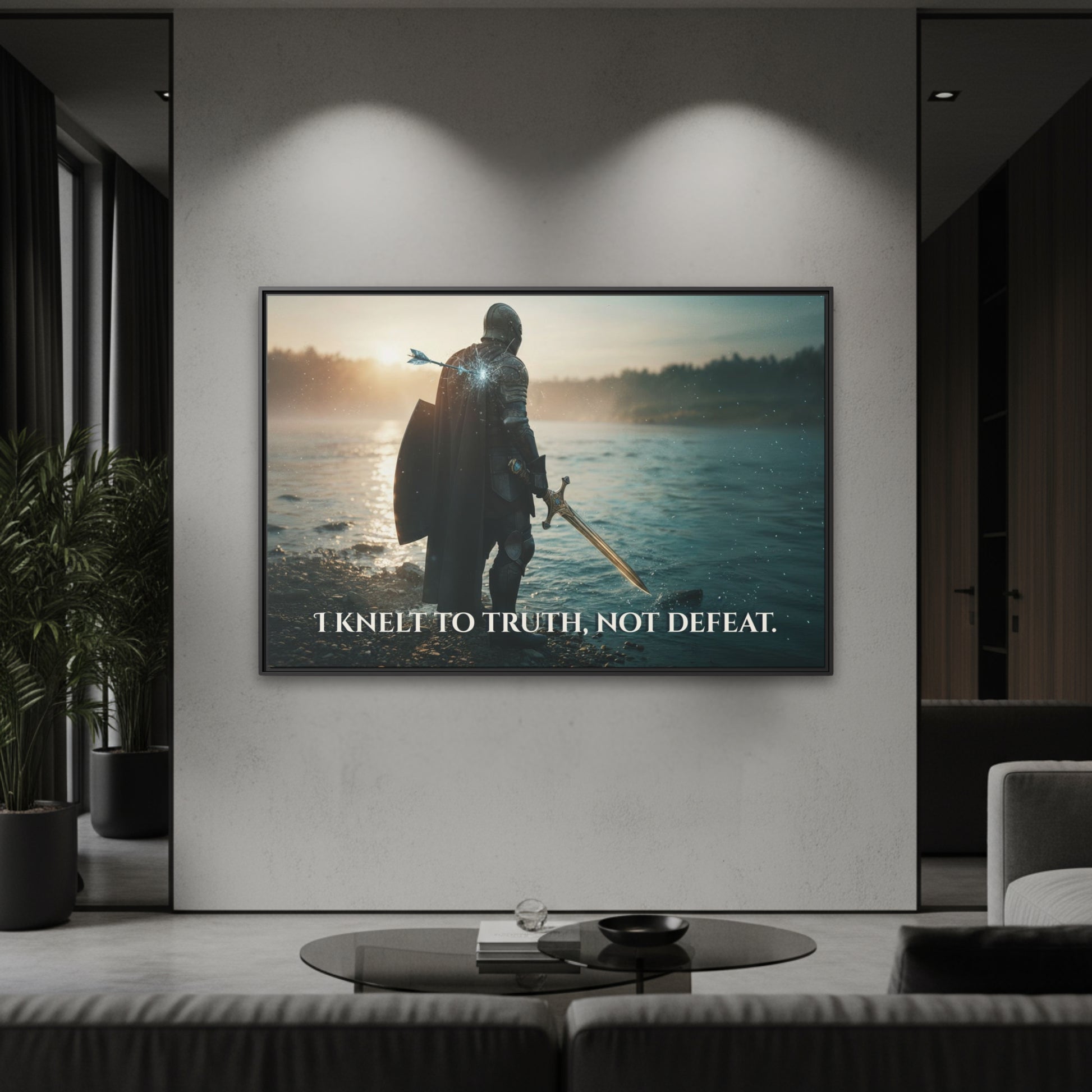Black framed horizontal canvas showing a knight at the river with an arrow in his back shoulder and the quote ‘I knelt to truth, not defeat’ in a modern living room.