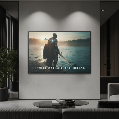 Black framed horizontal canvas showing a knight at the river with an arrow in his back shoulder and the quote ‘I knelt to truth, not defeat’ in a modern living room.