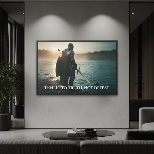 Black framed horizontal canvas showing a knight at the river with an arrow in his back shoulder and the quote ‘I knelt to truth, not defeat’ in a modern living room.