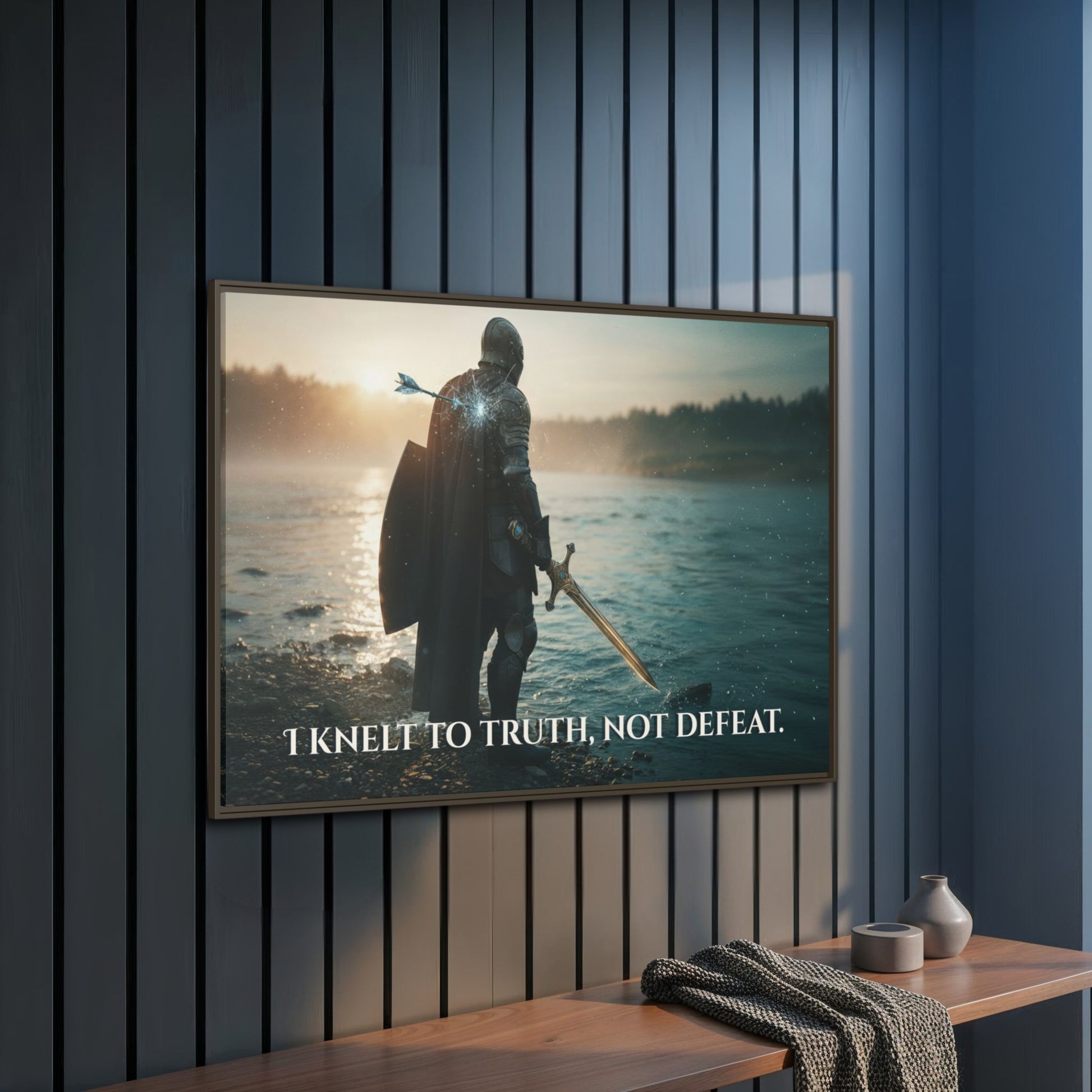 Side angle of espresso framed ‘I knelt to truth, not defeat’ knight canvas on a dark panelled wall above a wooden table with folded throw.