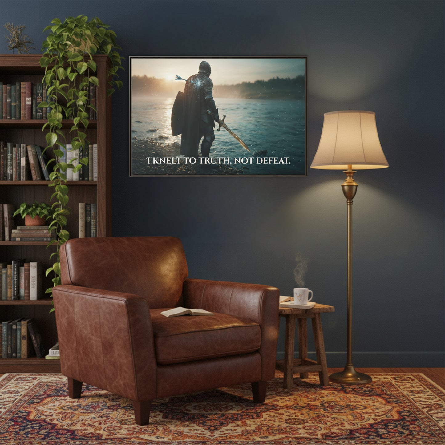 Espresso framed Chapter 1 canvas of a knight by the water at dawn with the quote ‘I knelt to truth, not defeat’ hanging above a sofa chair console.
