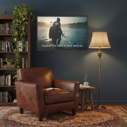 Espresso framed Chapter 1 canvas of a knight by the water at dawn with the quote ‘I knelt to truth, not defeat’ hanging above a sofa chair console.
